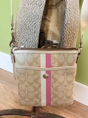 Coach Beige Signature Crossbody with Pink & Cream Stripe